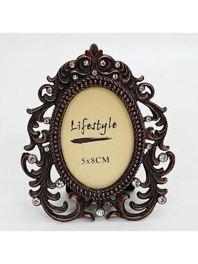 LIFESTYLE Small Oval Picture Frame Brown Metal Ornate Clear Crystals 2x3 Photo